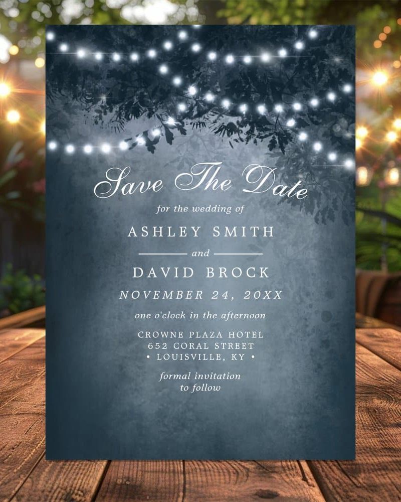 Save the date for Ashley Smith and David Brock's wedding, November 24, at the Crowne Plaza Hotel in Louisville, KY. A string of lights illuminates the design.