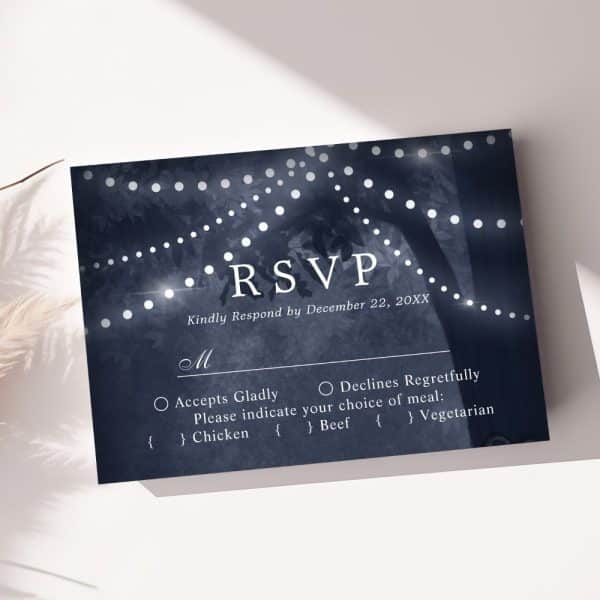 Navy Blue Rsvp Card With String Lights And Tree Silhouette, Requesting Response By December 22.