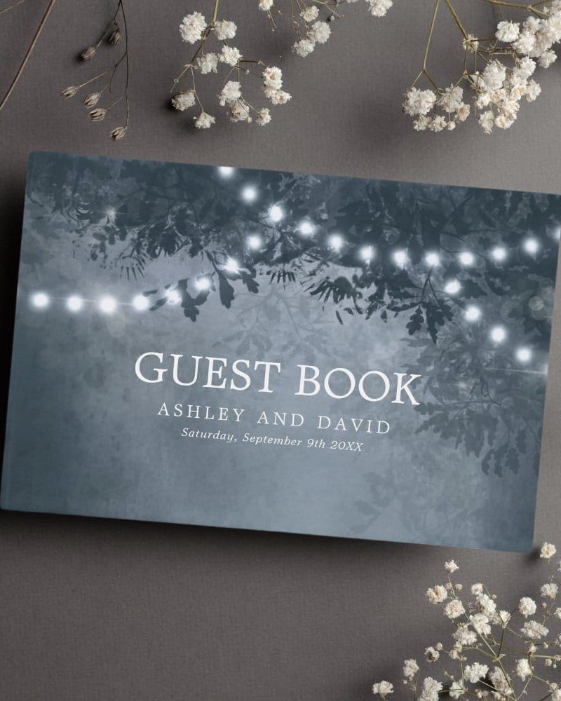 Navy Blue Rustic Tree String Lights Wedding Guest Book