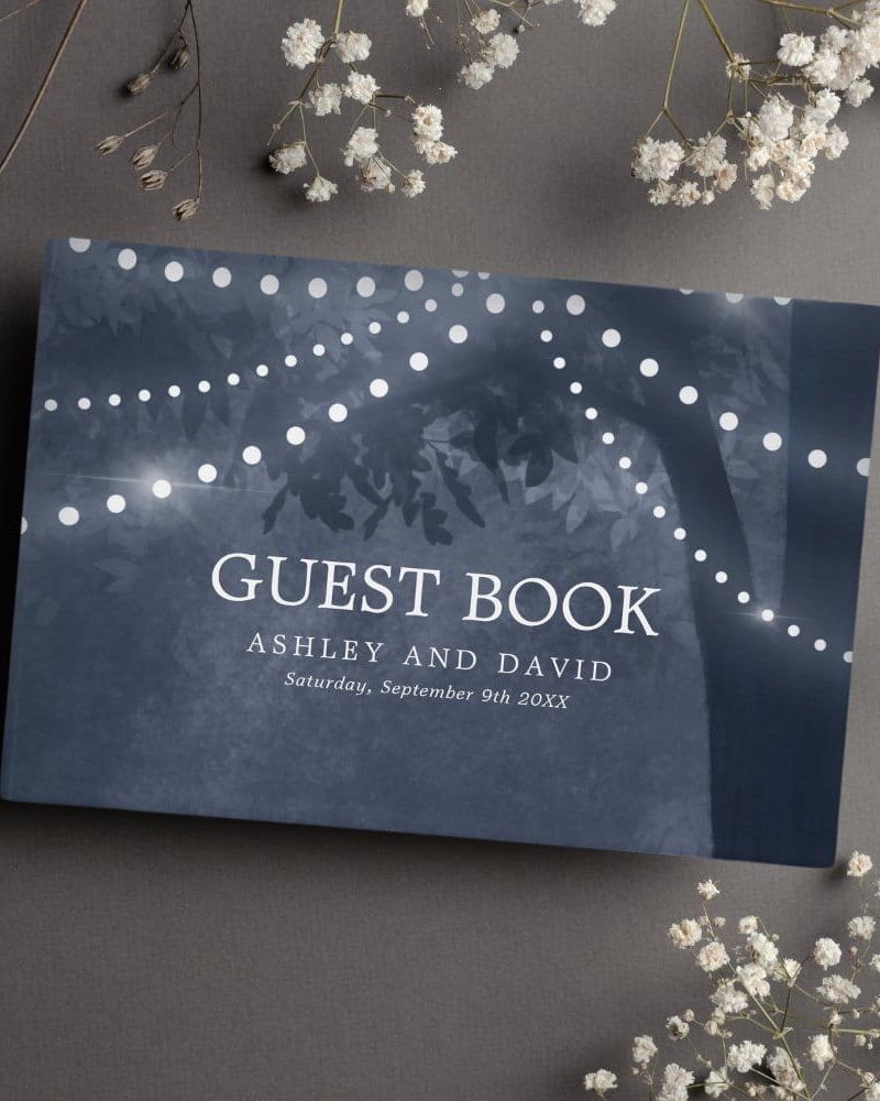 Navy Blue Rustic Tree String Lights Wedding Guest Book