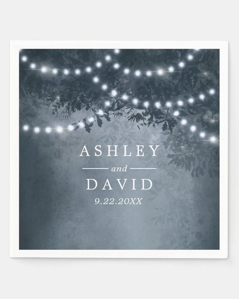 Navy Blue Rustic Tree String Lights Wedding  Napkins