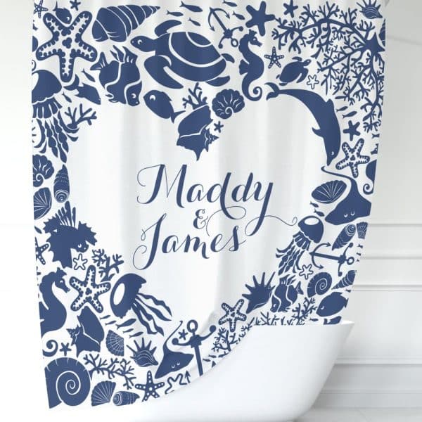 Navy Blue Sea Creature Shower Curtain With Madaly &Amp; James In A Heart Shape.