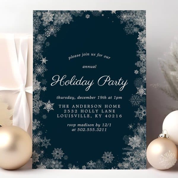 Dark Blue Holiday Party Invitation With A Snowflake Border.