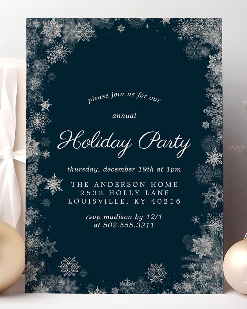 Dark blue holiday party invitation with a snowflake border.