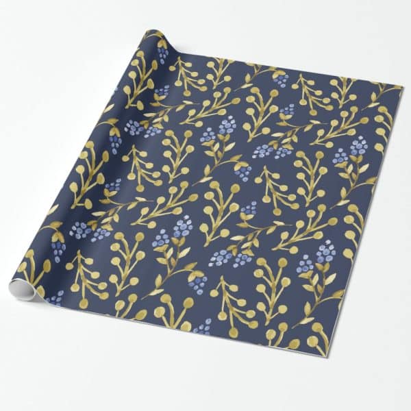 Blue And Gold Floral Wrapping Paper.
