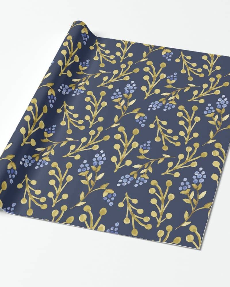 Blue and gold floral wrapping paper.
