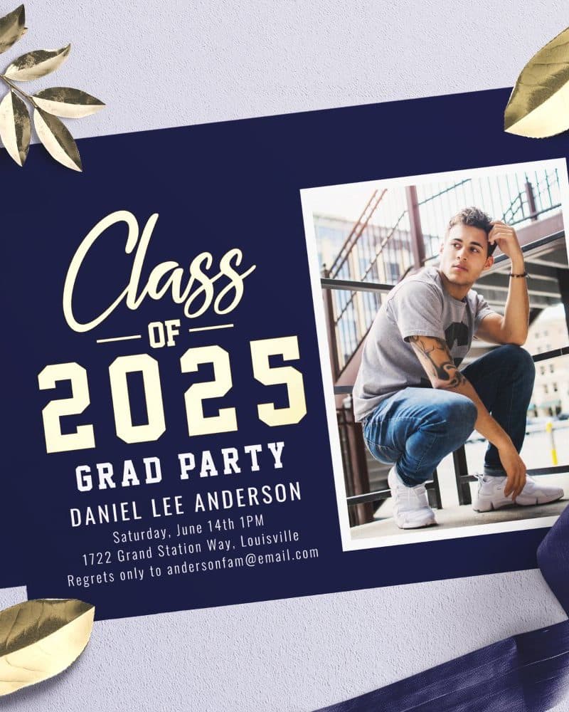 Graduation party invitation for Daniel Lee Anderson, Class of 2025. A photo of the graduate is included.