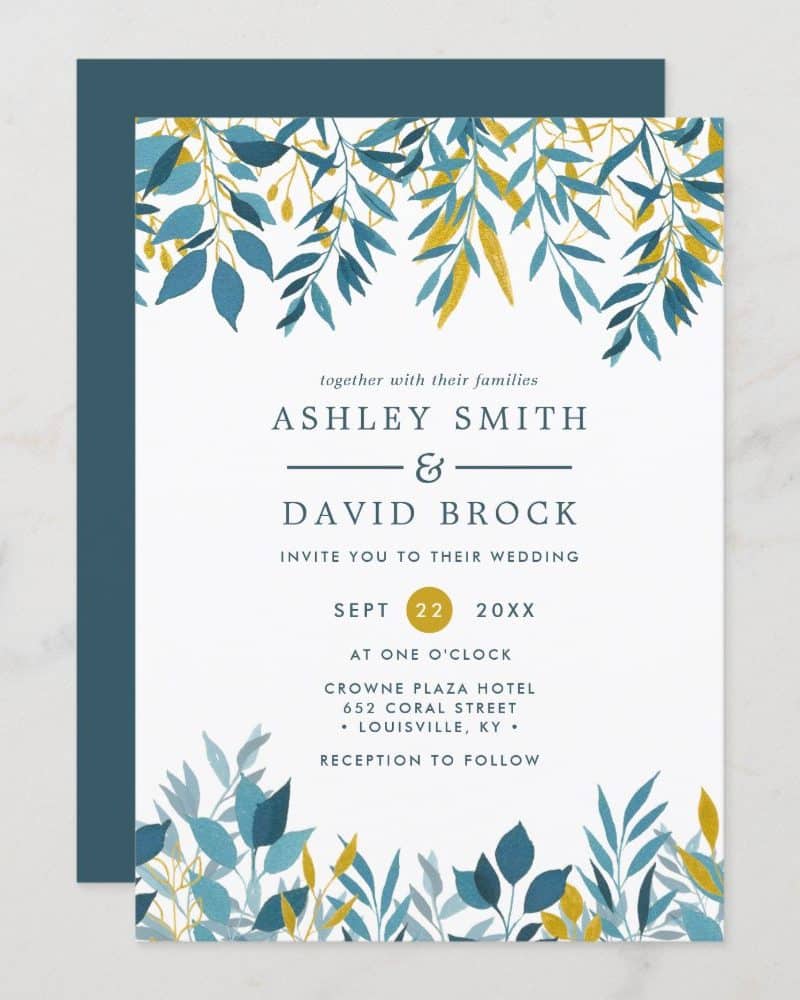 Wedding invitation with teal and gold leafy design, announcing Ashley Smith and David Brock's wedding.