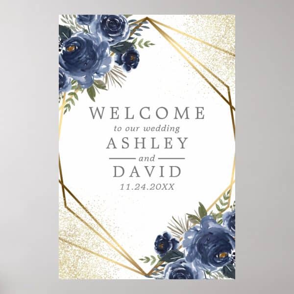 Wedding Welcome Sign With Navy Blue Roses And Gold Geometric Frame.