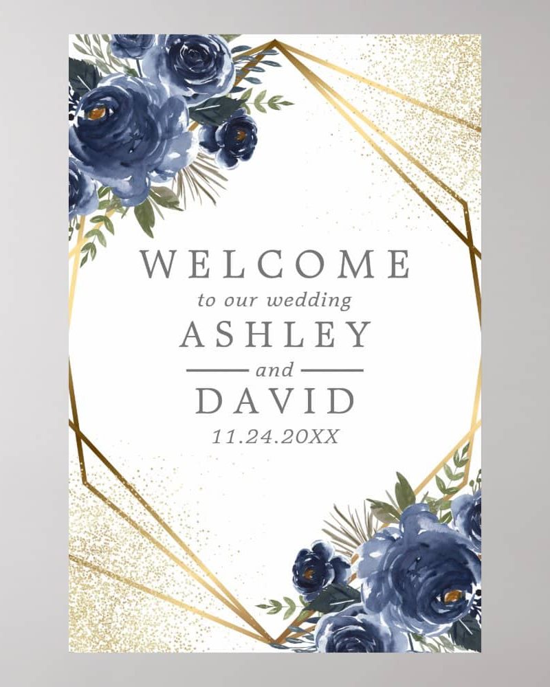 Wedding welcome sign with navy blue roses and gold geometric frame.