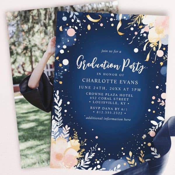 Graduation Party Invitation For Charlotte Evans, Featuring A Navy Blue Background With Floral Decorations And A Photo Of The Graduate.
