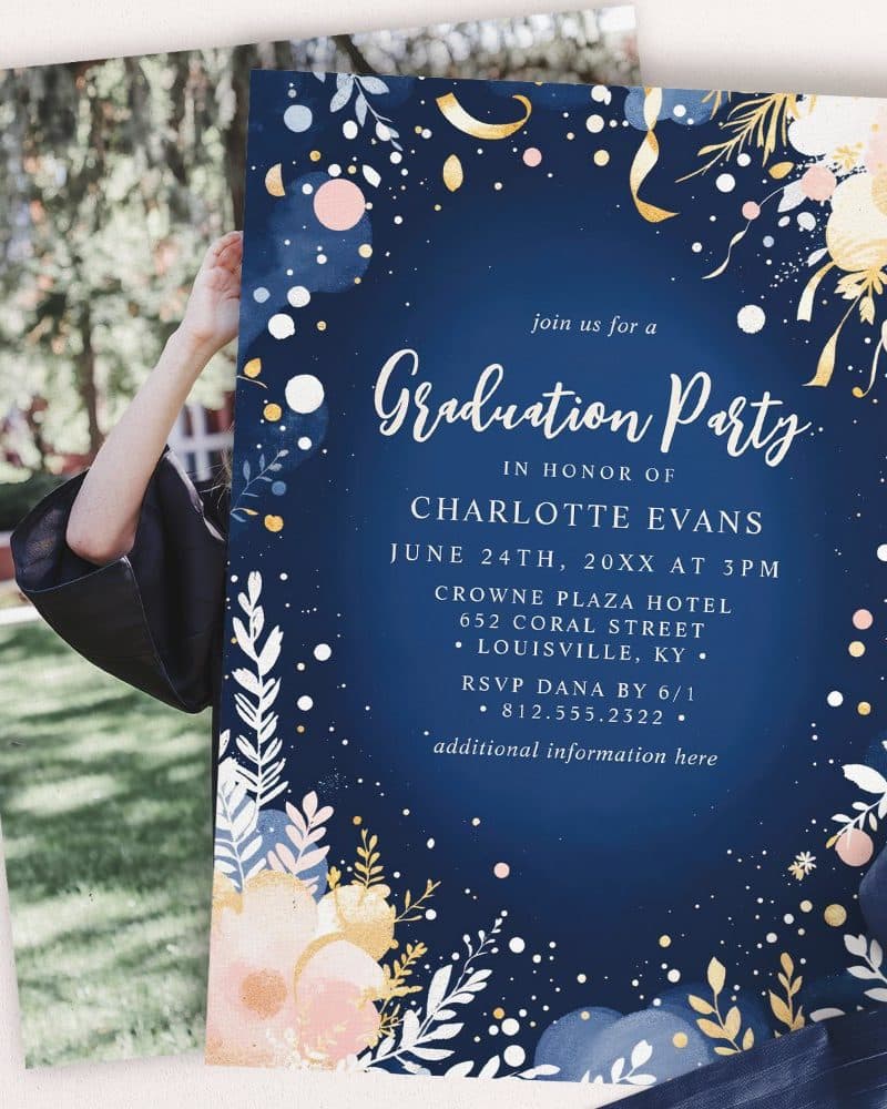 Graduation party invitation for Charlotte Evans, featuring a navy blue background with floral decorations and a photo of the graduate.
