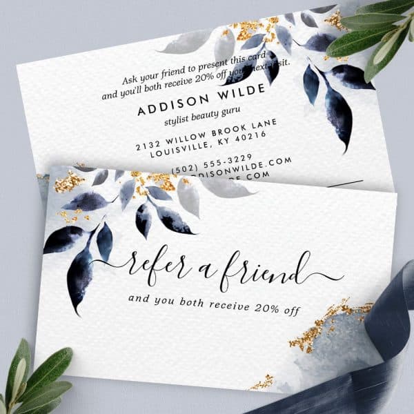 Refer A Friend Card Offering 20% Off For Both Referrer And Friend. Features Blue Watercolor Leaves And Gold Accents.