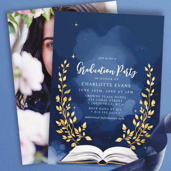A Navy Blue Graduation Party Invitation With Gold Leaf Details, An Open Book, And Stars. The Invitation Is For Charlotte Evans.