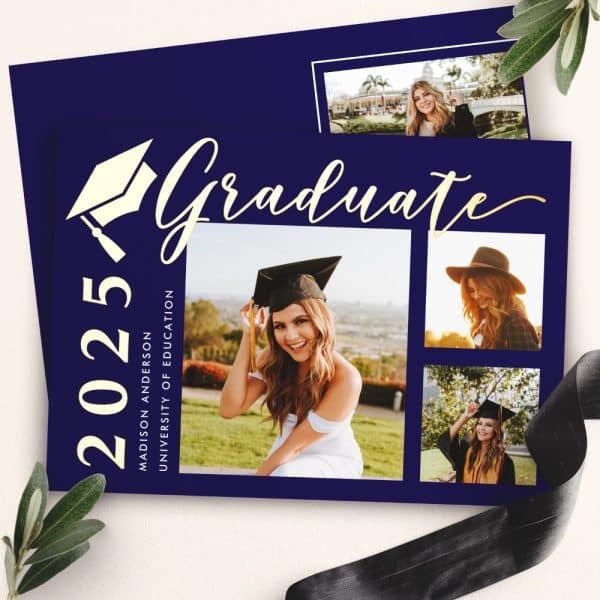 Navy Blue Graduation Announcement Featuring A Photo Collage Of The Graduate And The Text Graduate 2025.