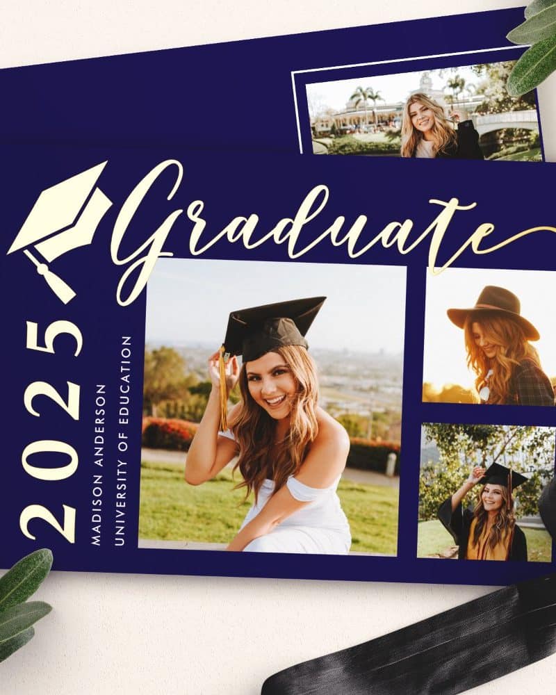 Navy blue graduation announcement featuring a photo collage of the graduate and the text Graduate 2025.