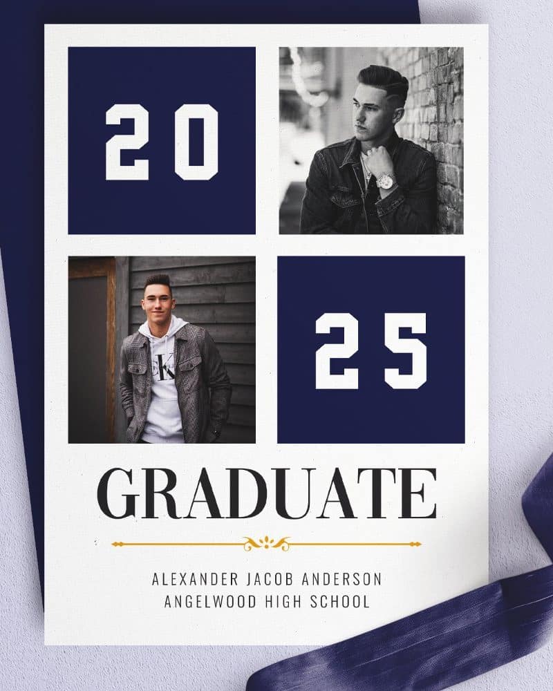 Graduation announcement featuring two photos of Alexander Jacob Anderson, Angelwood High School graduate, class of 2025.