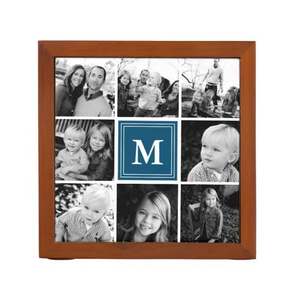 Wooden Framed Collage Of Black And White Family Photos, Featuring A Central Teal Monogram &Quot;M&Quot;.