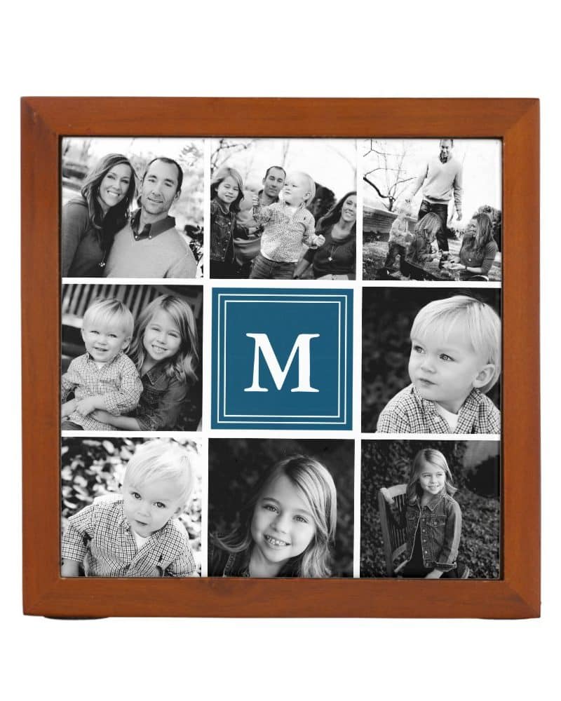 Wooden framed collage of black and white family photos, featuring a central teal monogram "M".