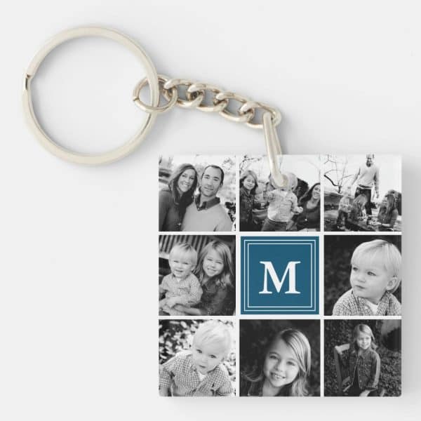 Square Keychain With Black And White Family Photos And A Navy Blue Initial M.