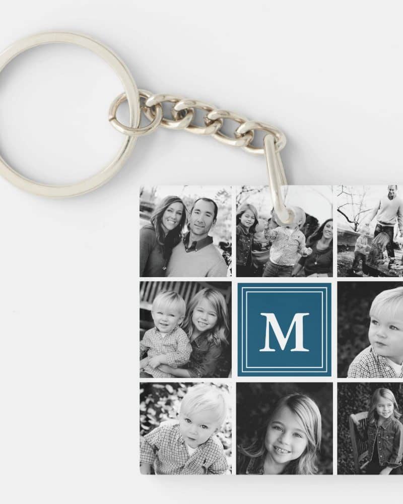 Square keychain with black and white family photos and a navy blue initial M.