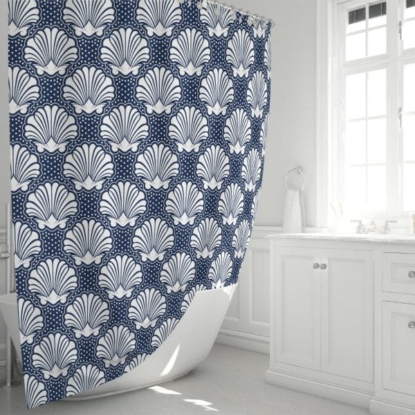 Navy Blue Shower Curtain With A Repeating Pattern Of White Stylized Seashells.