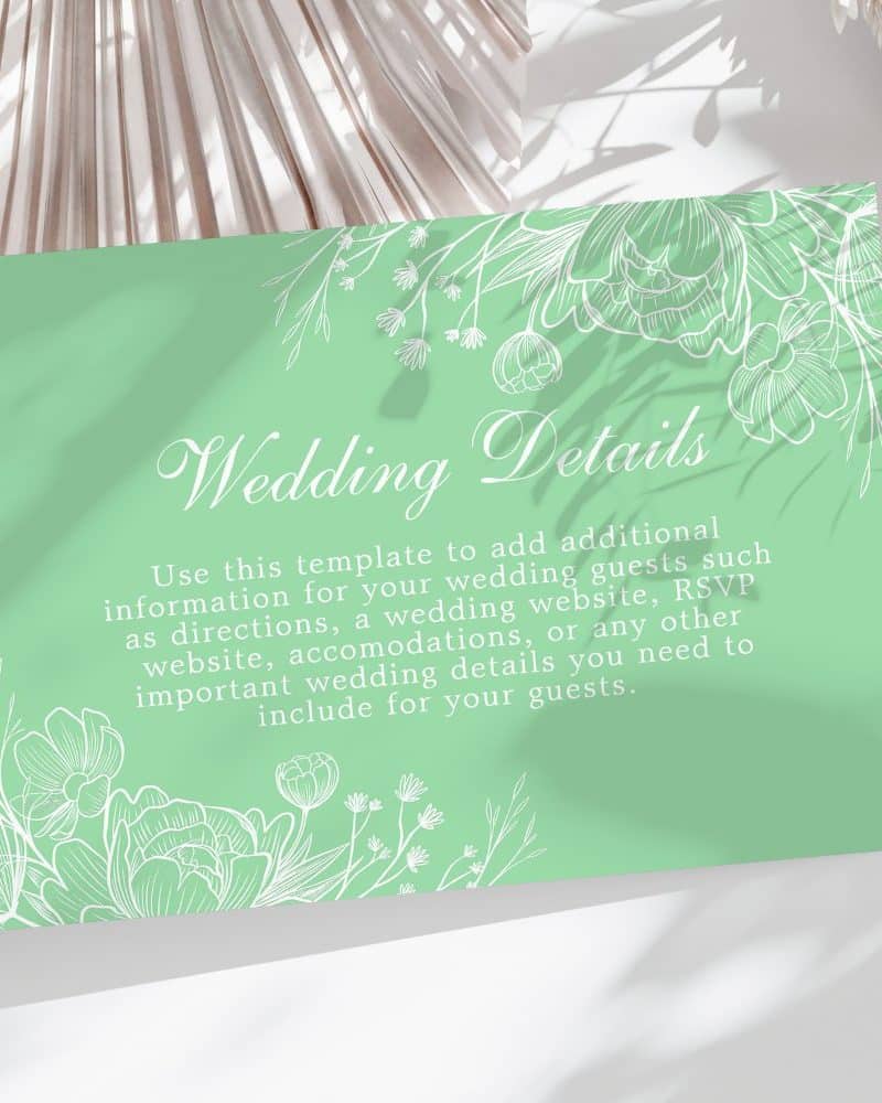 Light green wedding details card with white floral line art and text explaining its use.