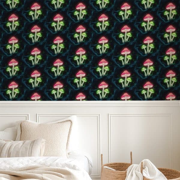 Glowing Pink And Green Mushrooms On A Dark Background Wallpaper.