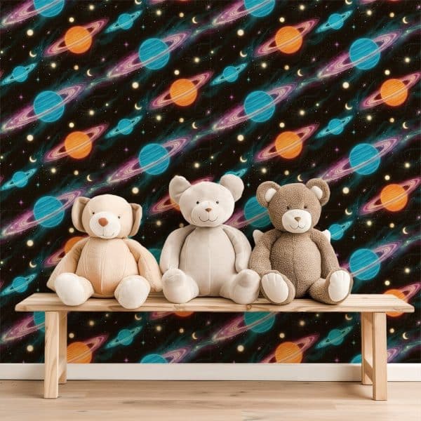 Three Teddy Bears Sit On A Wooden Bench In Front Of A Wall Covered In A Space-Themed Wallpaper.