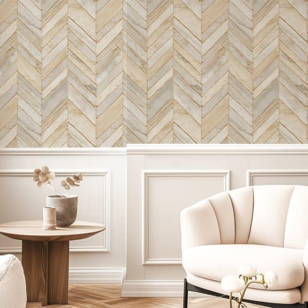 Beige And Gray Herringbone Patterned Wallpaper On A Wall.