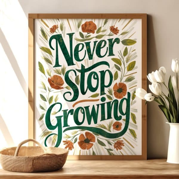 Framed Print With The Inspirational Text Never Stop Growing In Dark Green Lettering Surrounded By Orange Flowers And Green Leaves.