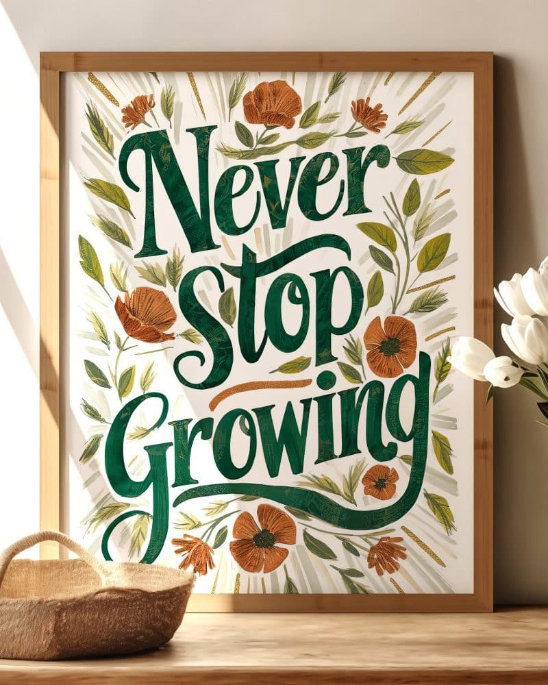 Framed print with the inspirational text Never Stop Growing in dark green lettering surrounded by orange flowers and green leaves.