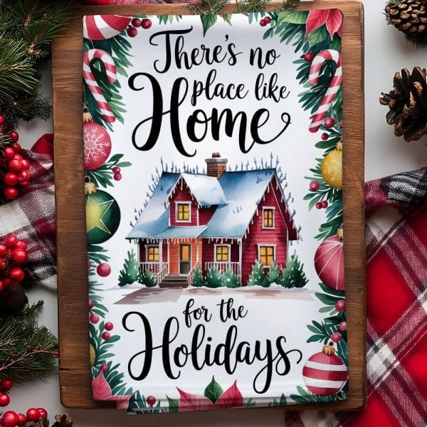 Christmas Sign Featuring A Red House, Surrounded By Festive Greenery And Ornaments, With The Text Theres No Place Like Home For The Holidays.