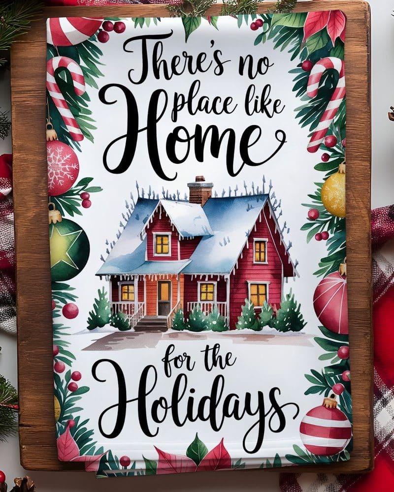 Christmas sign featuring a red house, surrounded by festive greenery and ornaments, with the text Theres no place like Home for the Holidays.