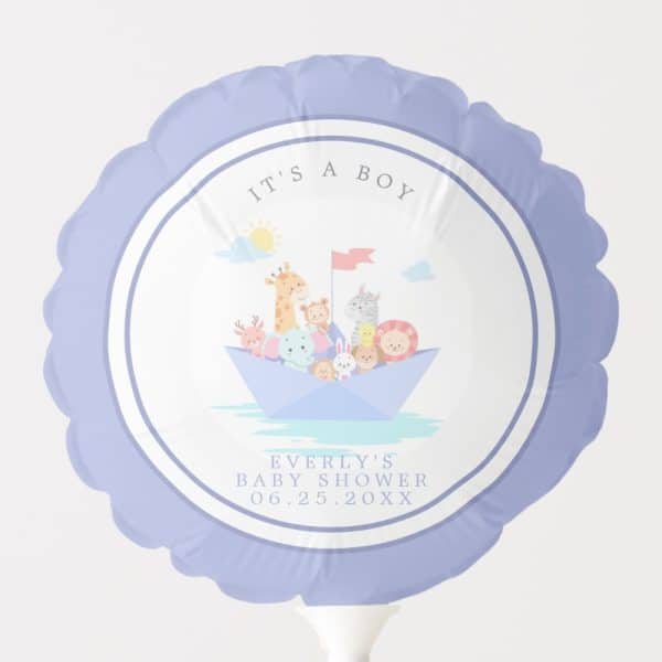 Lavender Balloon Featuring A Paper Boat With Various Animals And Text That Reads Its A Boy And Everlys Baby Shower With A Date.