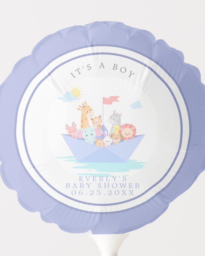 Lavender balloon featuring a paper boat with various animals and text that reads Its a Boy and Everlys Baby Shower with a date.