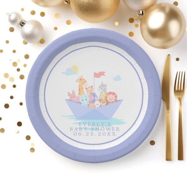 Purple Paper Plate With Illustration Of Animals On A Paper Boat; Text Says Everly'S Baby Shower And Date.