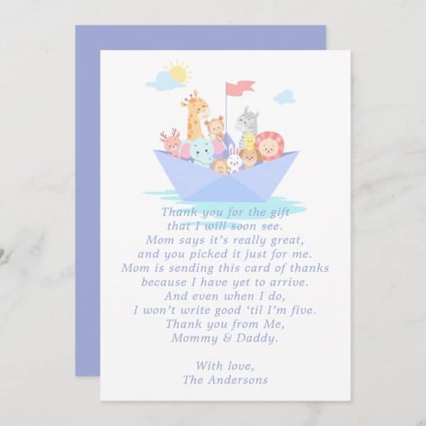 Baby Thank You Card With Illustration Of Animals On A Paper Boat.