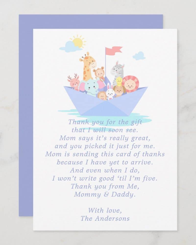 Baby thank you card with illustration of animals on a paper boat.