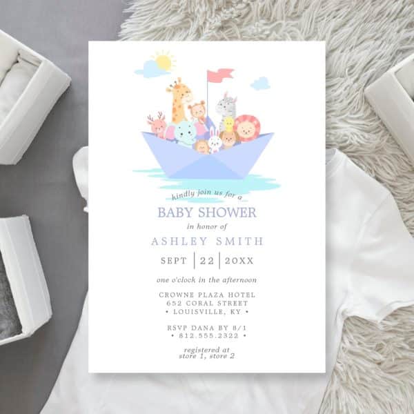 Baby Shower Invitation Featuring Animals On A Paper Boat.
