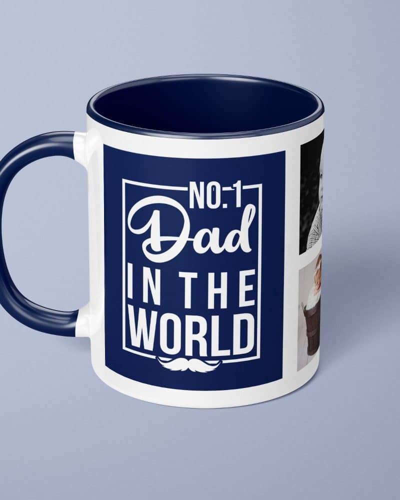 Navy blue mug with a white design that says No. 1 Dad in the World. Small photos are included in the design.