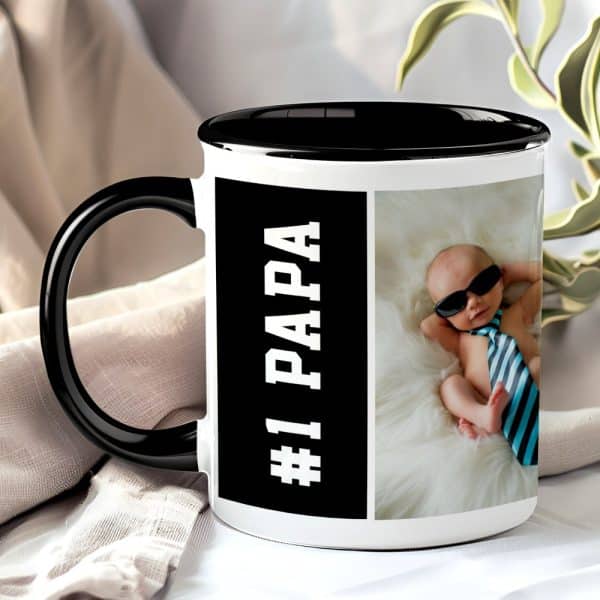 Black Mug With A Black Rim, Featuring The Text #1 Papa And A Photo Of A Baby Wearing Sunglasses And A Tie.