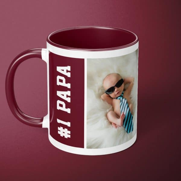 Burgundy Mug With A Photo Of A Baby Wearing Sunglasses And A Tie; Text Reads #1 Papa.