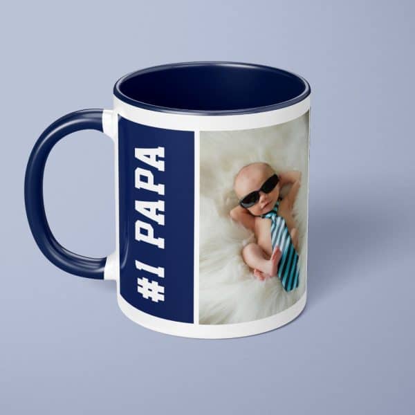 Navy Blue Mug With A Picture Of A Baby Wearing Sunglasses And A Tie, And The Text #1 Papa.