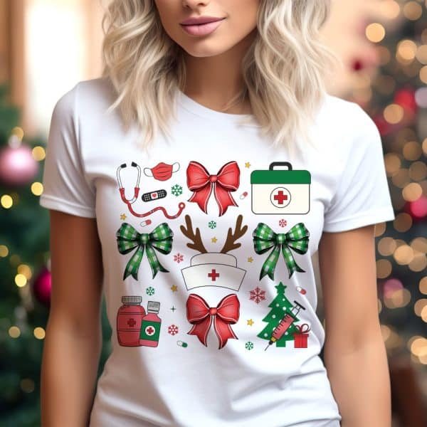 Woman Wearing A White T-Shirt With A Christmas-Themed Nursing Design.