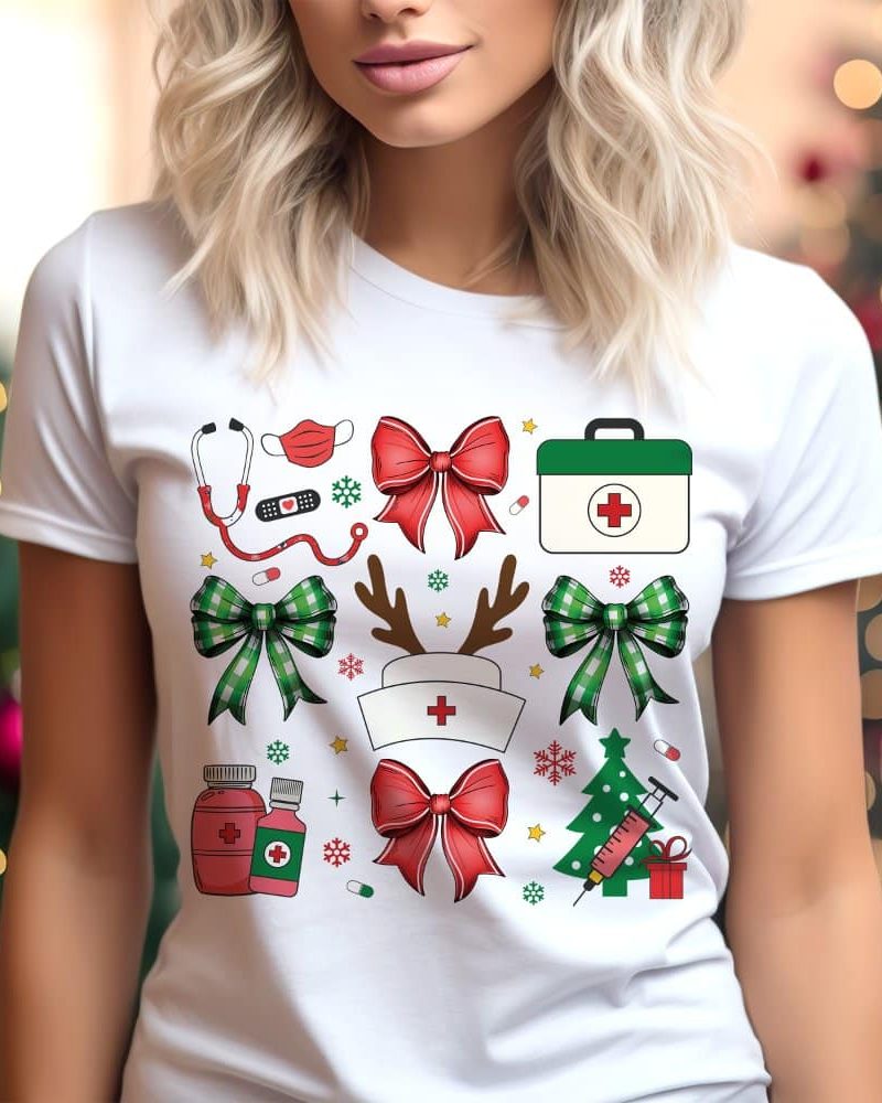 Woman wearing a white t-shirt with a Christmas-themed nursing design.