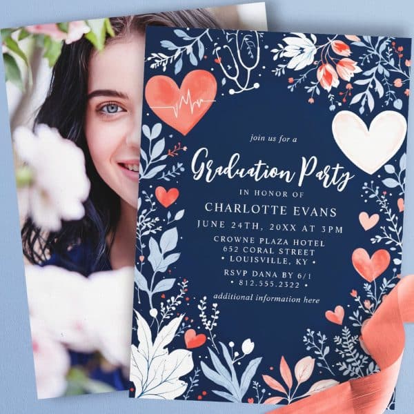 Graduation Party Invitation For Charlotte Evans, Featuring A Photo Of The Graduate And A Navy Blue Design With Coral Hearts And Flowers.