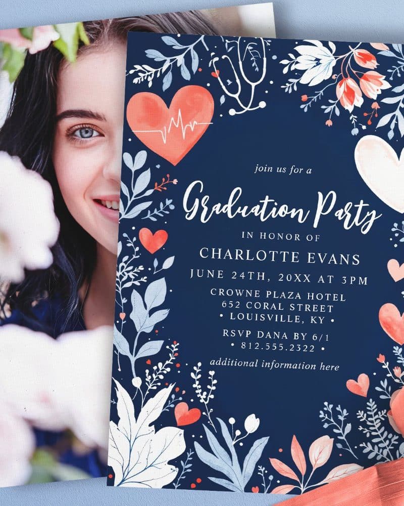 Graduation party invitation for Charlotte Evans, featuring a photo of the graduate and a navy blue design with coral hearts and flowers.