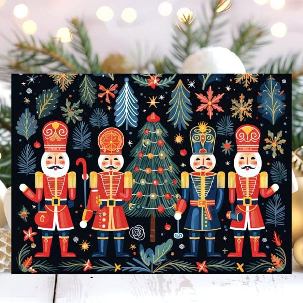 Four Nutcrackers Stand In Front Of A Christmas Tree On A Dark Background With Festive Foliage.
