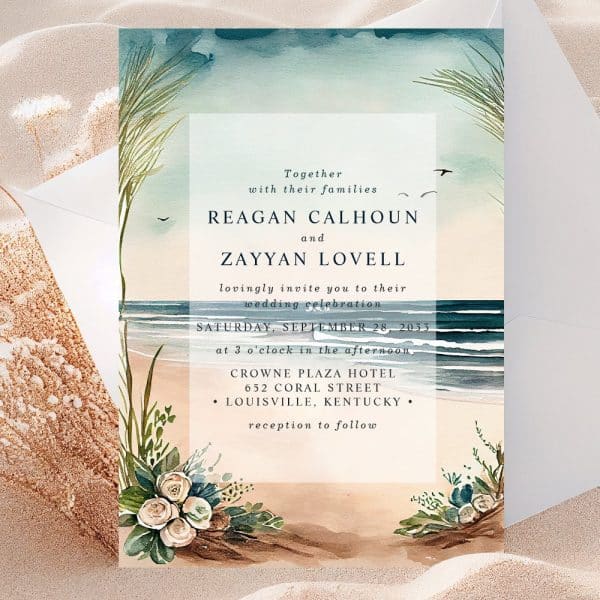 Beach Wedding Invitation For Reagan Calhoun And Zayyan Lovell, September 28, 2033, At The Crowne Plaza Hotel In Louisville, Kentucky.